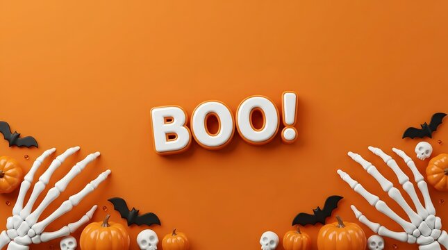 Festive halloween background featuring the word boo surrounded by skeleton hands pumpkins and bats on an orange backdrop