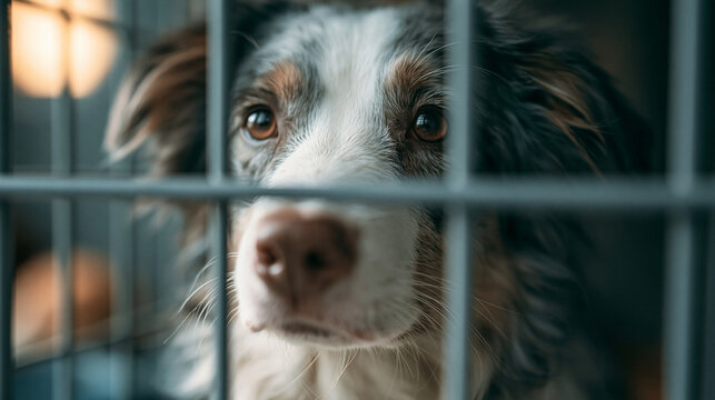 Close-up portrait of a cute black and white Border Collie dog looking through metal bars with sad and curious eyes, waiting at animal shelter or home.