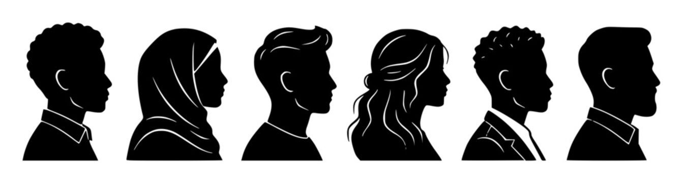 Set of six diverse human head and shoulder silhouettes arr set with simple line art design featuring line art, illustrations, graphic resources with vector and design elements