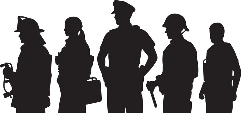 Silhouettes of various emergency service workers including a firefighter, police officer, and medical personnel