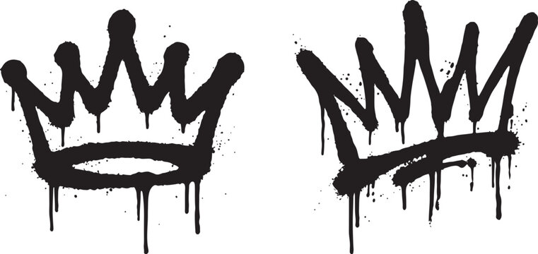 Set of two hand drawn graffiti crowns with paint drips and spray texture