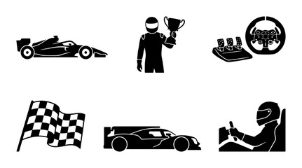 Obraz premium Black and white racing icons, formula 1 car, driver, checkered flag