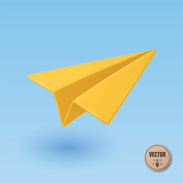 Yellow Paper Airplane Vector Illustration. 3d Paper Plane Icon. Origami Paper Airplane Illustration on Blue Background for Send Message, Email, Delivery, Startup, Communication and App Design