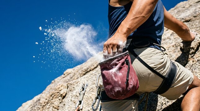 Male rock climber chalking hands with powder cloud while ascending steep cliff   