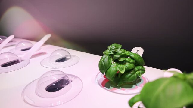 Close-up video of fresh basil plants growing in a modern indoor hydroponic system under artificial lighting