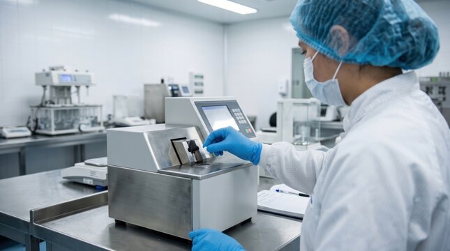 Tablet hardness setup highlights regulated pharmaceutical manufacturing, in-process testing, clean room hygiene and quality assurance for solid dose medicines.