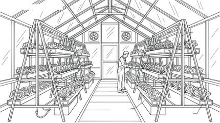 Fototapeta premium Vertical hydroponic greenhouse farming system with fresh greens vector line art.