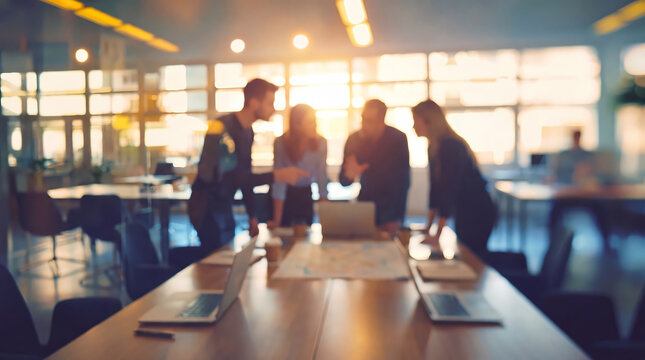 Blurred silhouettes of professionals discussing in team meeting at the office with glowing sun flare