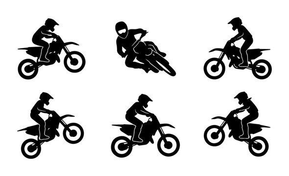 Black motocross rider silhouettes, action poses, graphic design