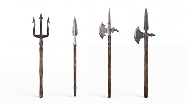 Set of four antique medieval polearms and spears