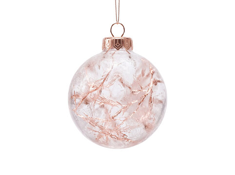 Clear glass christmas bauble with rose gold glitter branch pattern as PNG element