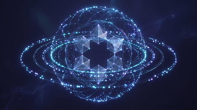 Abstract science construct displaying glowing geometric shapes orbiting within rotating luminous rings representing quantum connectivity data processing networks and futuristic digital