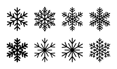 Obraz premium Black snowflake icons, set graphic elements, simple flat design