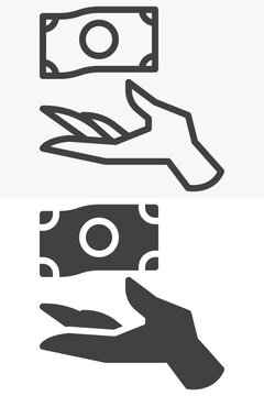 Money in hand icon set with banknote above open palm. Line, outline and solid icon in different style, editable stroke vector sign and symbol for payment or finance.