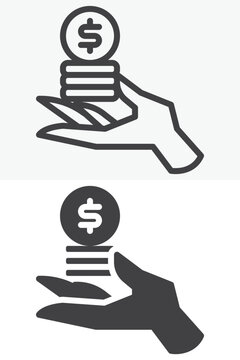 Hand with coins icon set showing open palm holding stacked coins and dollar coin. Line, outline and solid icon in different style, editable stroke vector sign symbol.