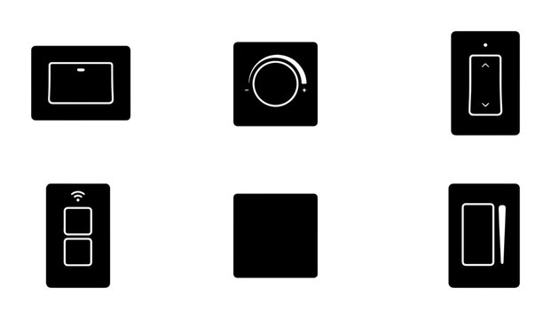 Black icons of light switches and controls, simple flat design, smart