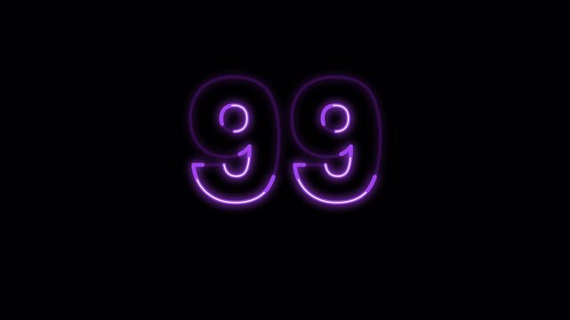 Number ninety nine glowing in bright purple neon light on a overlay Transparent  background for digital display and modern graphic design projects