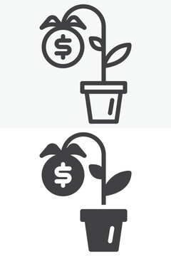 Money plant icon set with potted plant, leaves and dollar fruits. Line, outline and solid icon in different style, editable stroke vector sign and symbol for growth.