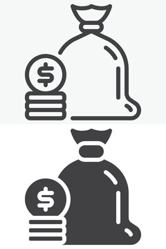 Money bag with coins icon set showing dollar sack beside stacked coins. Line, outline and solid icon in different style, editable stroke vector sign and symbol.