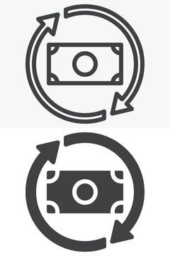 Money exchange icon set with banknote in circular arrows. Line, outline and solid icon in different style, editable stroke vector sign and symbol for conversion.