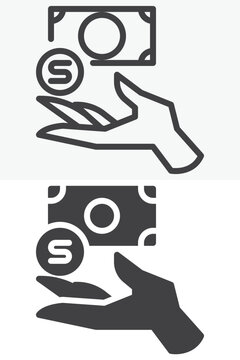 Hand with money icon set showing open palm with banknote and coin. Line, outline and solid icon in different style, editable stroke vector sign and symbol for payment.