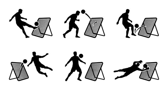 Black soccer training rebounder silhouettes, various actions, graphic