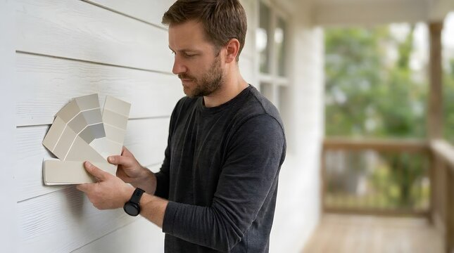 Man matching color swatch samples against white wood siding on house porch   