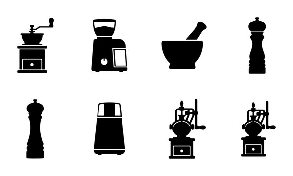 Black kitchen grinder and mill icons, mortar and pestle, cooking tools