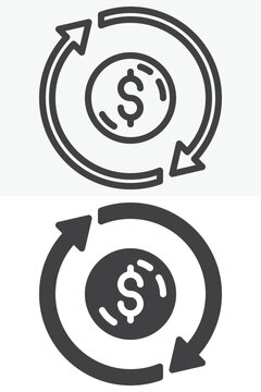Money convert icon set with dollar symbol inside circular exchange arrows. Line, outline and solid icon in different style, editable stroke vector sign and symbol.