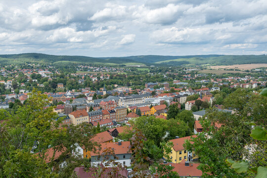 P&ouml;&szlig;neck Th&uuml;ringen Deutschland Innenstadt Panorama aufgenommen vom Zechsteinriff Altenburg
