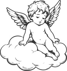 Obraz premium Cherubic angel sitting on a fluffy cloud with detailed wings and peaceful expression