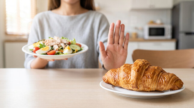 Woman refusing a croissant while choosing a plate of fresh salad and healthy food, representing mindful eating, diet change, weight management and healthier food choices