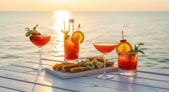 Elegante aperitivo estivo disposto su assi di legno bianco in riva al mare con cocktail colorati, snack freschi e luce dorata del tramonto, lusso, mare, calda