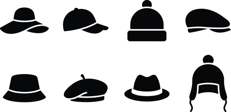 Hat Silhouette Icon Set With Cap Beanie Beret and Fedora