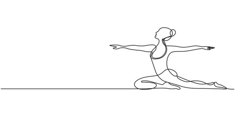 Fototapeta premium A young athletic girl practices sports yoga and fitness. A continuous line drawing of a woman doing exercises, vector illustration. Editable line art. Continuous one line drawing of human practice 