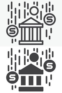 Bank building and falling coins icon in line, outline and solid styles. Editable stroke vector sign, symbol set. Banking icon shows finance rain and coin icon concept.