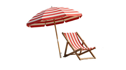 Red and white striped beach umbrella with matching wooden deck chair for relaxation. © Highres
