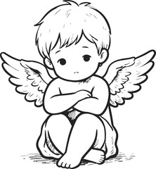 Obraz premium Sad sitting angel child with crossed arms and wings, cute cherub illustration in black and white sketch