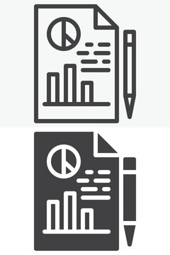 Financial report icon with chart and pencil in line, outline and solid styles. Editable stroke vector sign and symbol set. Analytics icon for finance document icon use.