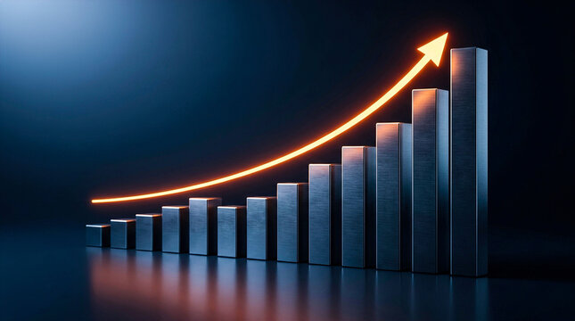 Financial bar chart shows steady upward growth trend with glowing orange arrow indicating market success positive investment returns and business progress metrics.