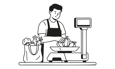 Fototapeta premium Grocery Store Clerk with Produce and Scale, Illustration of a Retail Worker Weighing Vegetables, Concept Design.