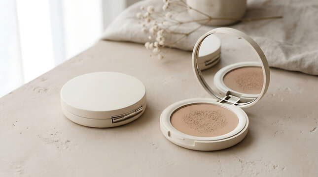 Premium blank makeup compact case mockup with matte ivory finish, open and closed versions arranged on soft beige surface, diffused studio lighting, realistic hinge and powder texture, clean editorial