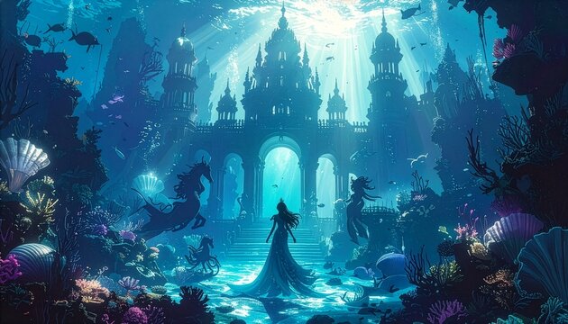 underwater royal palace inhabited by mermaid shadow puppets