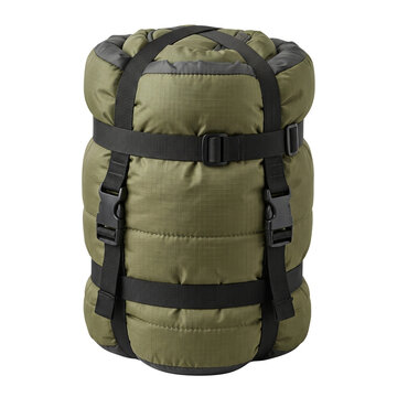 Compressed Sleeping Bag With Compression Straps Isolated On Transparent Background