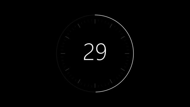 A minimalist black and white digital countdown timer with a circular progress indicator counting down from 57 to 3 seconds on a dark background.