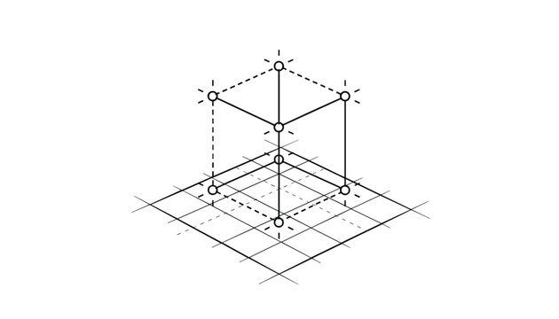 Isometric line art diagram illustrates a cube model with glowing node connections on a grid coordinate plane.
