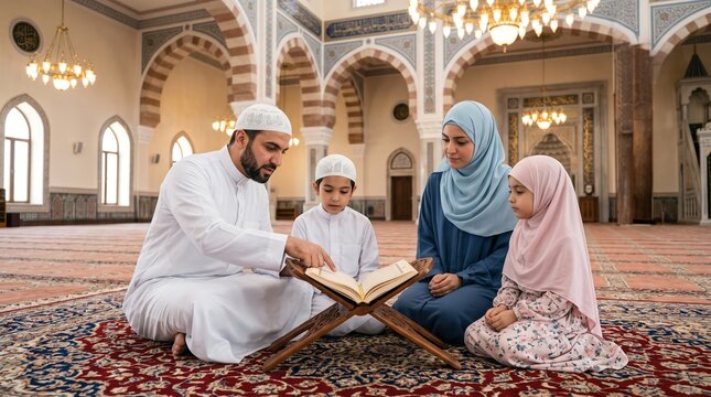 Muslim family reading holy quran together in mosque. Man and woman in hijab with kids studying islamic book. Faith, tradition and religious education concept for Ramadan.