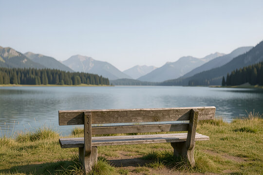 Solitary weathered wooden bench beside a calm alpine lake in meadow and mountains