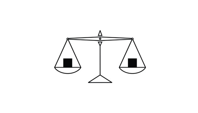 Perfect balance scale icon containing two identical solid black cubes representing equal distribution, fairness, and weight match.
