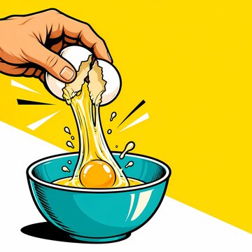 Hand cracking egg into blue ceramic bowl on yellow and white background is ideal for culinary blogs baking recipes kitchen branding and breakfast menus.
